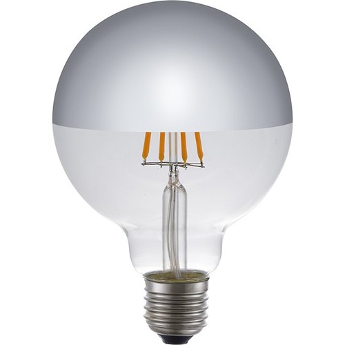 E27 4W dæmpbar LED globepære - G95, topforsølvet, filament, 2500K, sølv spejl