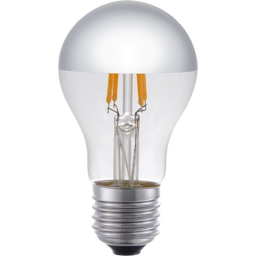 E27 4W dæmpbar LED kronepære med topforsølvning - A55, 250lm, 2500K, sølv top, filament