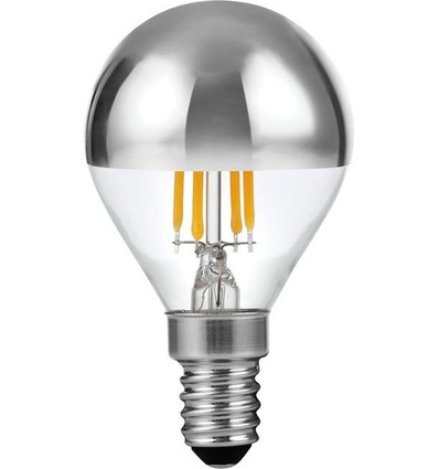 E14 4W dæmpbar LED kronepære med topforsølvning - G45, filament, 2500K, sølv top, 260lm