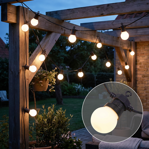 5m LED lyskæde med 10 stk. pærer - Varm hvid kulør, IP44, 230V, 0,5W pærer