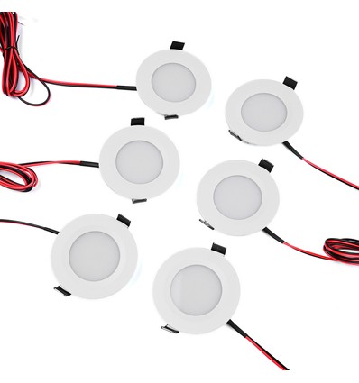 6 stk. 12V downlight - 2,5W, rund, inkl. kopbor og quick connector, til båd mm.