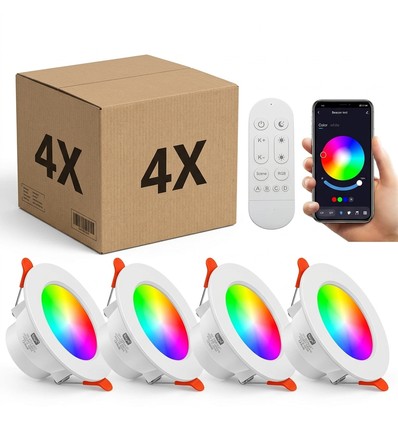 4 stk. RGB+CCT Smart Home downlight - 5W LED, Bluetooth, fjernbetjening