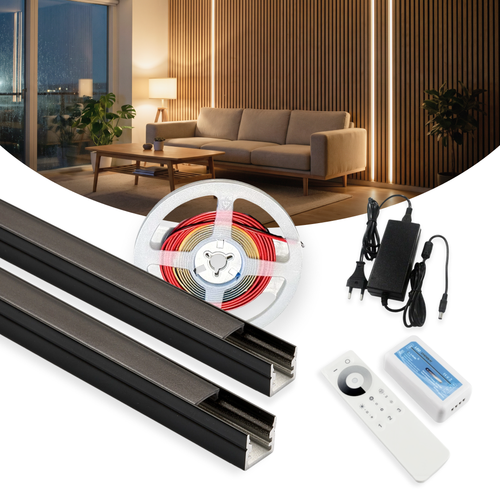 240cm LED Akustikpanel-sæt, sort - 2 stk. CCT LED strips (240cm) m. 78W strømforsyning - WiFi eller RF