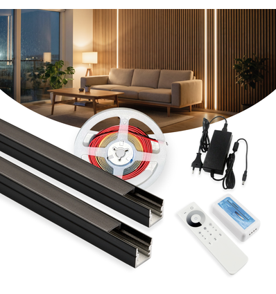 240cm LED Akustikpanel-sæt, sort - 2 stk. CCT LED strips (240cm) m. 78W strømforsyning - WiFi eller RF