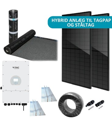 10kW komplet 3-faset hybrid solcelleanlæg - Til tagpap eller ståltag, DEYE hybrid inverter, Sort i sort