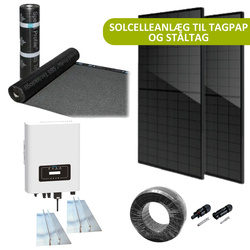 Solcelleanlæg til tagpap og ståltag 10kW komplet 3-faset solcelleanlæg - Til tagpap eller ståltag, DEYE inverter, Sort i sort